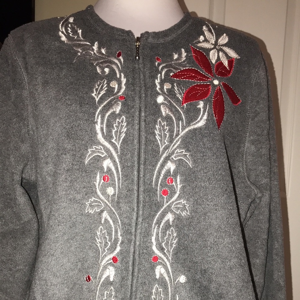 Nice grey fleece zip up jacket with holiday detail